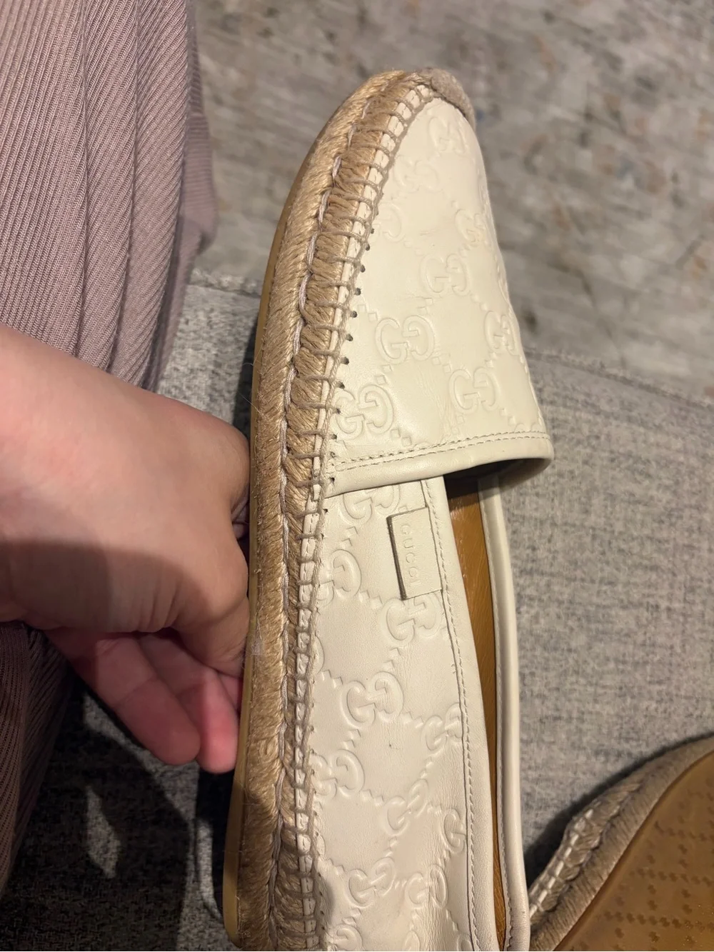 Gucci Cream Embossed Leather Espadrille Flats